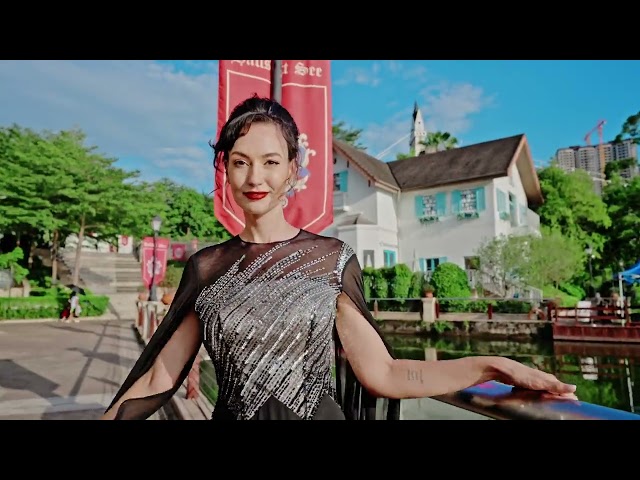 فستان سهره شيفون مطرز بالكريستال الفضي عند الصدر بأكمام طويله شفافه