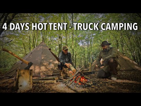 uk hot tent camping in rain - camp fire cooking