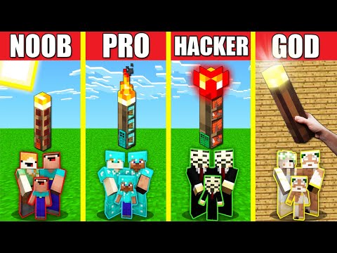 Minecraft Battle: TORCH HOUSE BUILD CHALLENGE - NOOB vs PRO vs HACKER vs GOD / Animation BASE INSIDE