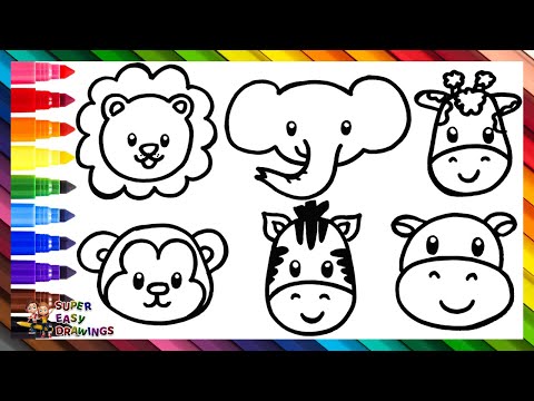 Drawing and Coloring Cute Wild Animals 🦁🐘🦒🐵🦓🦛🌈 Drawings For Kids