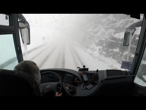 Mountain Snow and Foggy Bus Drive, France 4K