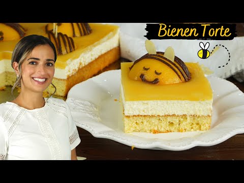 Erfrischende Pfirsich-Schnitten / Bienenkuchen / Biene Maja Kuchen mit Schmandcreme