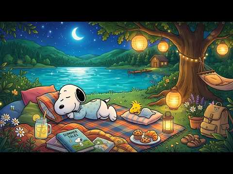 Moonlit Lake Evening with Snoopy 🌙 Smooth Jazz for Calm Sleep, Relaxation & Cozy Night Ambience