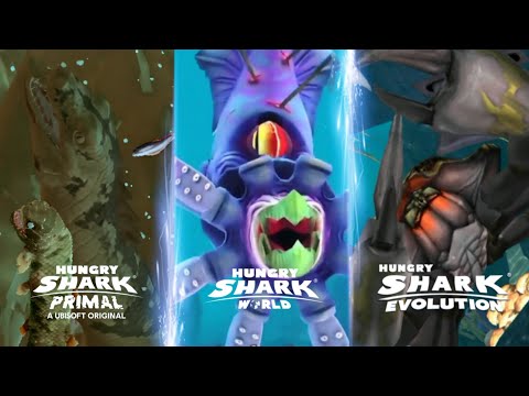ALL BOSSES GAMEPLAY IN HUNGRY SHARK SERIES - Hungry Shark World VS Evo VS Hungry Shark Primal