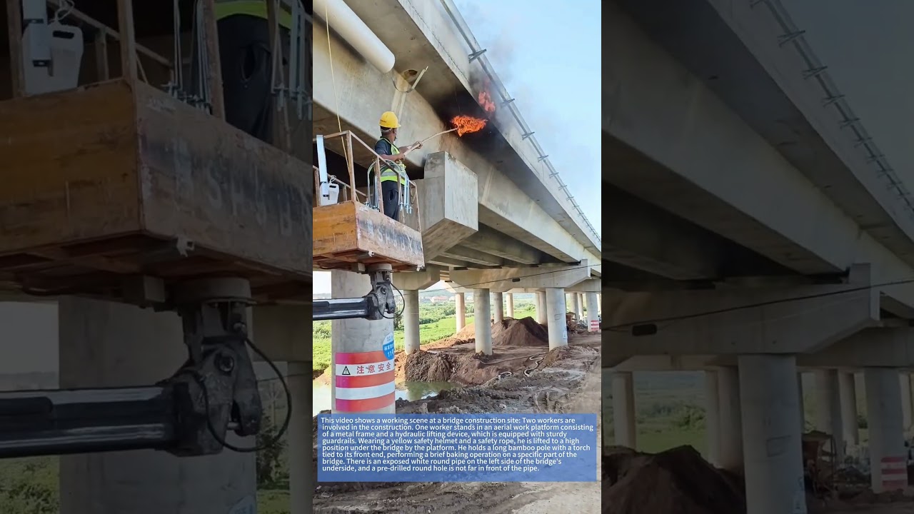 Bridge Construction: Aerial Torch Work on Underside #BridgeWork #AerialOperation #ConstructionSafety