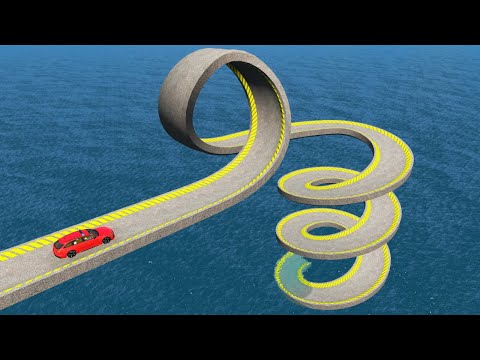 Impossible Loop Spiral Bridge Crossing Cars Vs Cliff and Deep Water - BeamNG.Drive