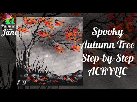Spooky Autumn Tree Step by Step Acrylic Painting on Canvas for Beginners