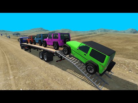 Flatbed Trailer Truck Transporter Rescue - Car vs Rails and Trains - BeamNG.drive