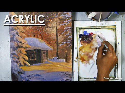 Acrylic Painting A Winter Snowfall Scene