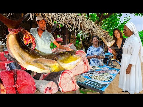 Unbelievable! Biggest fish cutting & selling fish shop in traditional village fish market Sri Lanka