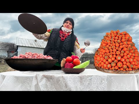 Beautiful Girl Skillfully Cook Delicious Ukrainian Bograch Soup with Carrot in The Biggest cauldron!