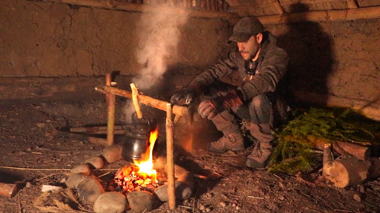 Solo Overnight: Camping in Medieval Bushcraft Shelter Bearded Axe, Deer Skin Bed, Long Fire Pit