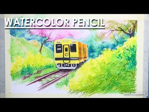 A Train Scene from Rural Japan Watercolor Pencil Drawing