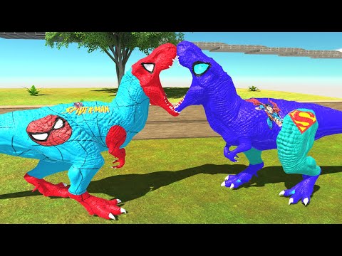 SUPERMAN VS SPIDERMAN T REX DEATH FALL - Animal Revolt Battle Simulator