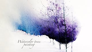 Easy landscape painting . violet and blue . watercolor technique