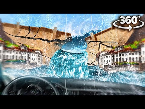 360 DAM FAILURE DISASTER - Car Falls from Dam and Escapes Through the Town 6k VR 360 Video