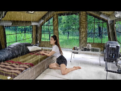 Solo camping in heavy rain in cozy 2 room inflatable tent relaxing , ASMR