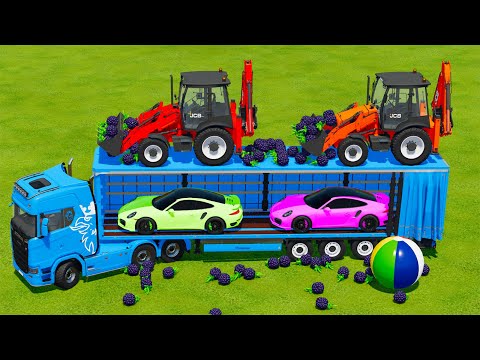LOAD & TRANSPORT JCB FRONT LOADER & PORSCHE CARS WITH SCANIA TRUCK - Farming Simulator 22