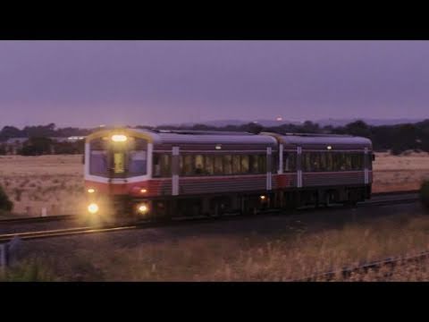 V/line Sprinter railcar at dawn - Passenger train at country level crossing