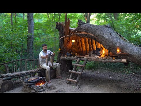 3 Days SOLO SURVIVAL CAMPING In Rain Forest; Catch and Cook, FISHING. BUSHCRAFT Shelter UNDER a TREE
