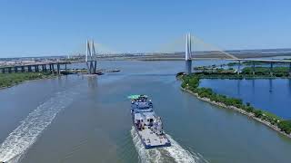 Fred Hartman Bridge and a Fugro vessel in the Houston Ship Channel