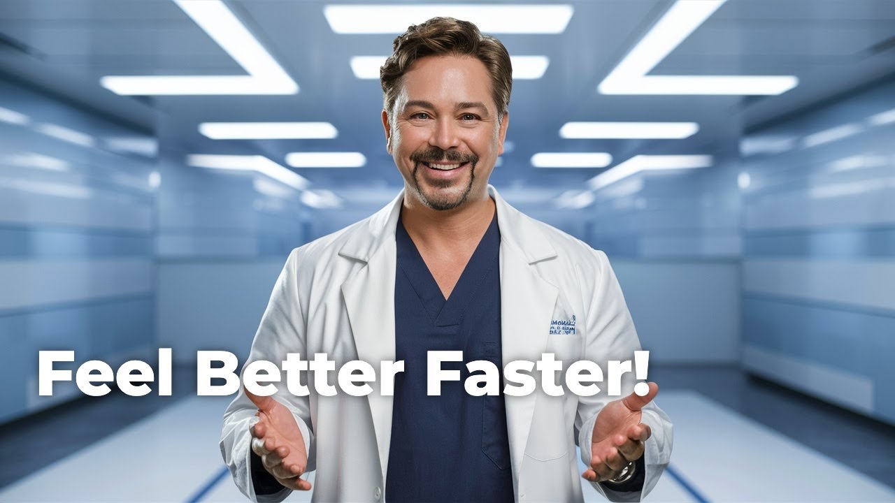 Smiling doctor in a white coat, presenting a welcoming gesture, with the text "Feel Better Faster!" in a clinical setting, emphasizing holistic recovery and patient care related to breast implant illness treatment.