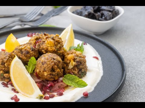 California Prune and Cumin Falafel with Vegan Labneh and a Pomegranate and Red Onion Salsa