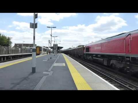 DB Class 66 118 & Class 377 408 & 437 at Three Bridges with tone.