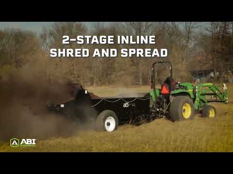 "2-stage incline shred and spread" text is displayed at the top middle of the image. A manure spreader shredding and spreading manure while attached to a tractor is displayed.