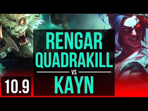 RENGAR vs KAYN (TOP) | Quadrakill, 3 early solo kills, KDA 15/2/8, Dominating | KR Master | v10.9