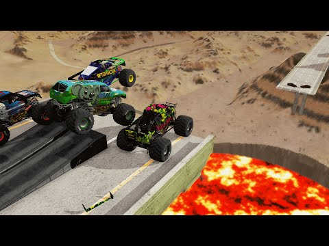 OPEN BRIDGE CRASHES OVER LAVA  (JUMPING INTO VOLCANO CRASHES) - BeamNg.drive