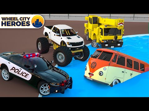 Crane, Officer Lucas and Monster Truck rescue a sinking Minivan | Wheel City Heroes