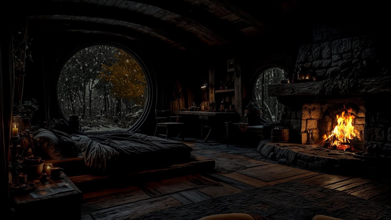 No Ads- ❄️ Cozy Cave Retreat | Crackling Fire & Snowy Winds for Peaceful Sleep, Relaxing