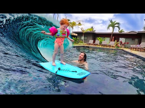 Future Surf Pro! Adley and Dad POOL PLAY routine with toys in Hawaii