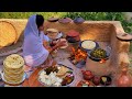 SATVIK THALI BHOJAN Cooking Desi CHANA SAAG With Handi Daal At Village Home Il DESI BHOJAN LI