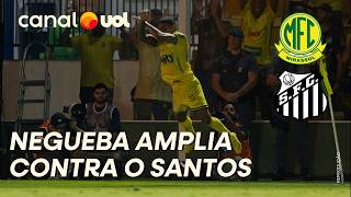 NEGUEBA INVADE A ÁREA, CHUTA FORTE E AMPLIA PARA O MIRASSOL CONTRA O SANTOS; VEJA O GOL