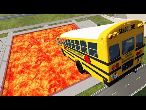 Cars vs Lava Pools Monster Truck, School Bus, Tractor #8 – BeamNG.Drive