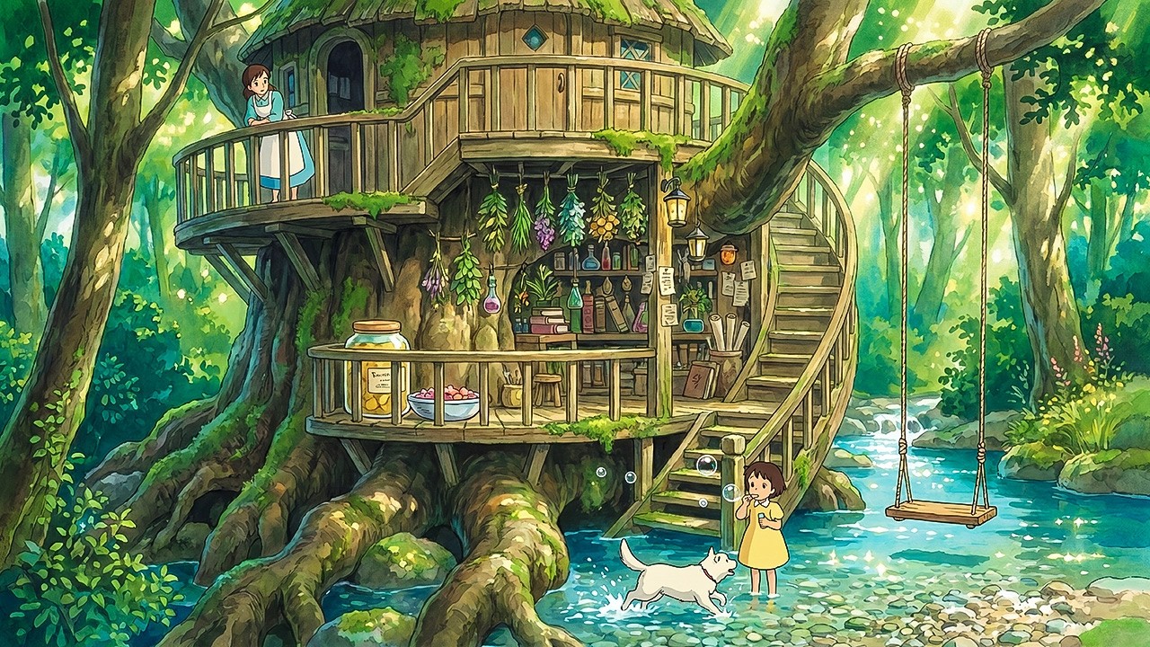 Sunny Treehouse Herbalist: Morning by the Crystal Stream | Ghibli-Style ASMR