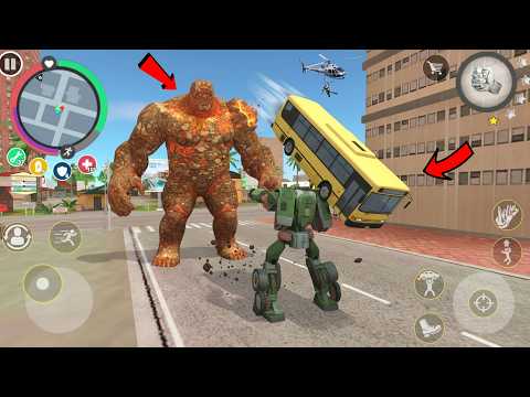 Rope Hero Vice Town (Stone Giant Man throw Bus on Robot Police Car) rope hero go to dancing house