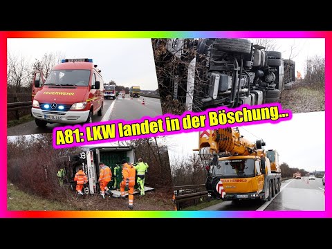 A81: WEINSBERGER KREUZ - LKW landet in der Böschung und kippt um  🚒 FEUERWEHR WEINSBERG VOR ORT  [E]