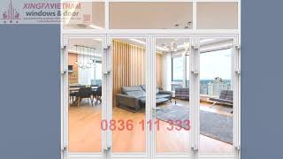 Cửa đi mở quay 4 cánh nhôm Xingfa Quảng Đông tem đỏ màu trắng ngà bản lề 3D