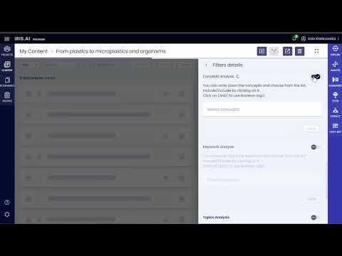 Iris.ai Researcher Workspace - Filter Tool