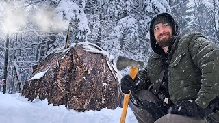 Snow Storm vs Hot Tent - Camping Alone Overnight in the Wild with Morels, Grilled Cheese &amp; more