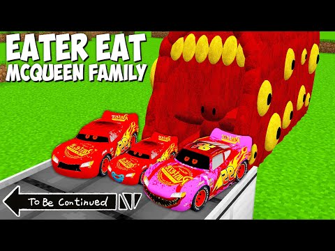 WHY this giant SCARY TRAIN EATER eat SCARY MCQUEEN EXE FAMILY in Minecraft ? TRAIN EATER vs MCQUEEN