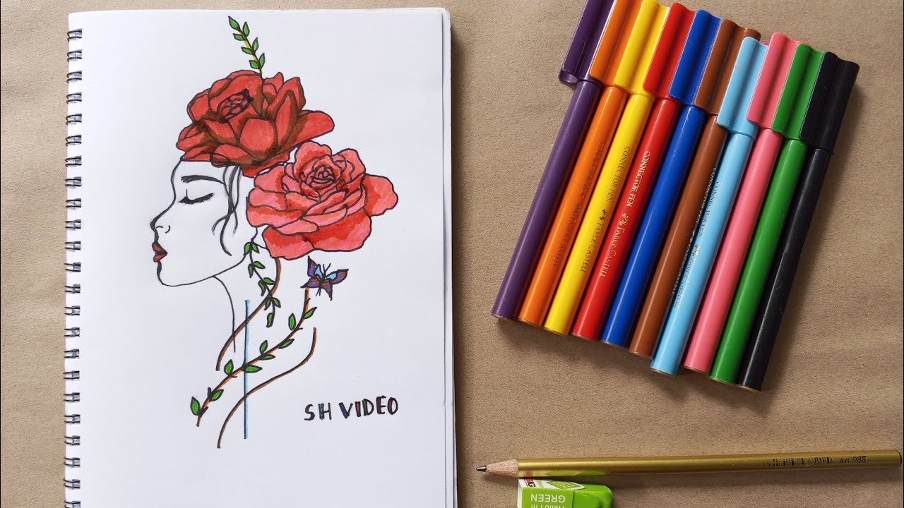 A Girl with Beautiful Flowers Hair Sketch || Drawing & Coloring