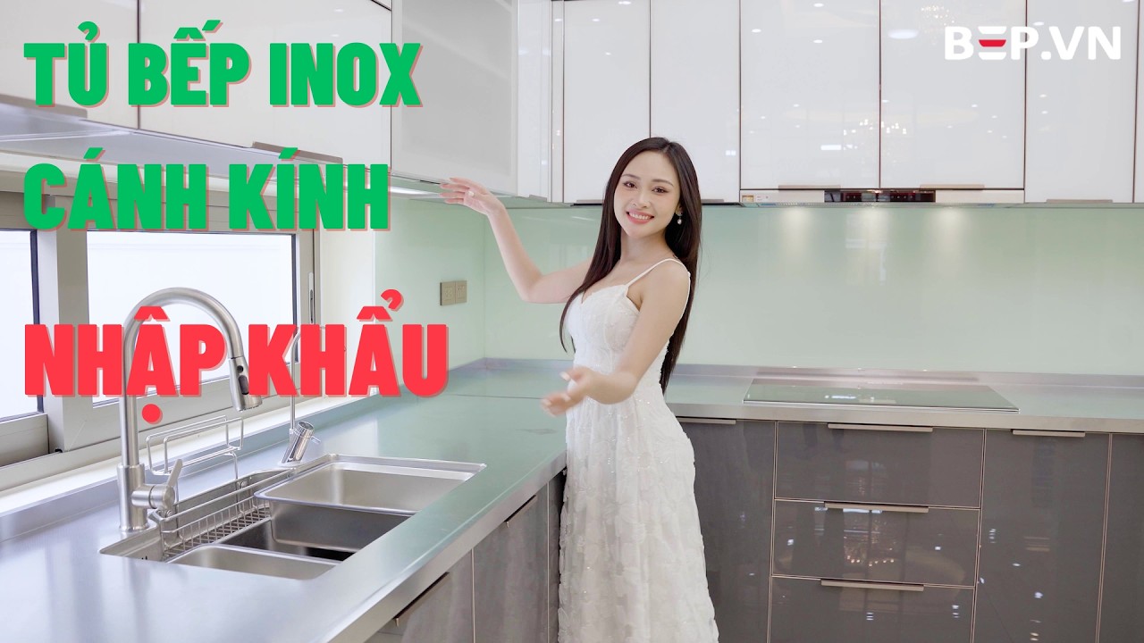 Tủ bếp inox cánh kính 3 lớp nhập khẩu