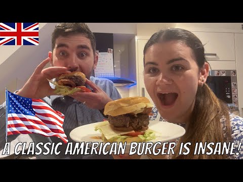 Brits Try CLASSIC AMERICAN BURGERS for the first time! *OMG What's in this?!*
