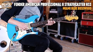 Video thumbnail for No Talking...Just Tones | Fender American Professional II Stratocaster HSS Miami Blue Rosewood by Peach Guitars