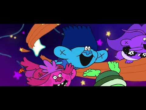 Trolls Band Together trailer frame with stage show lights and boy-band choreography silhouette