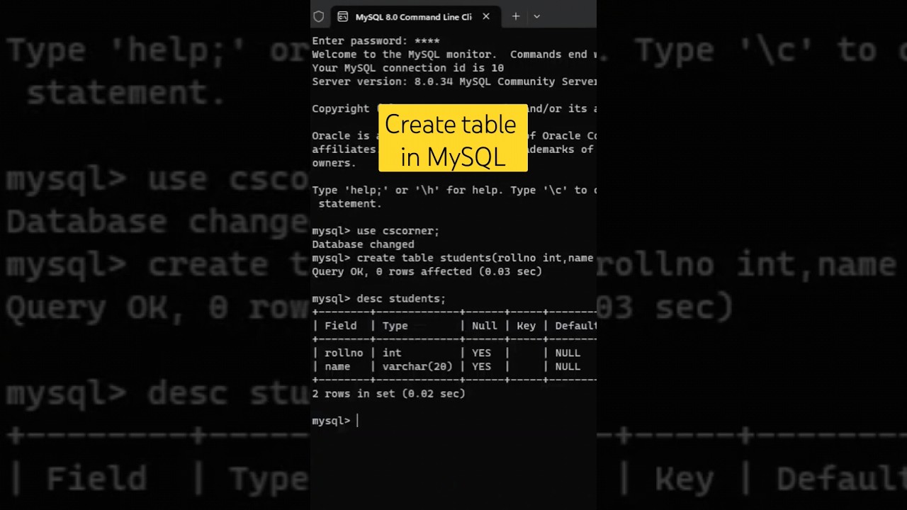 Create table in MySQL #shortsfeed #viral #youtubeshorts #mysql #ytshorts #viralvideo #tredning